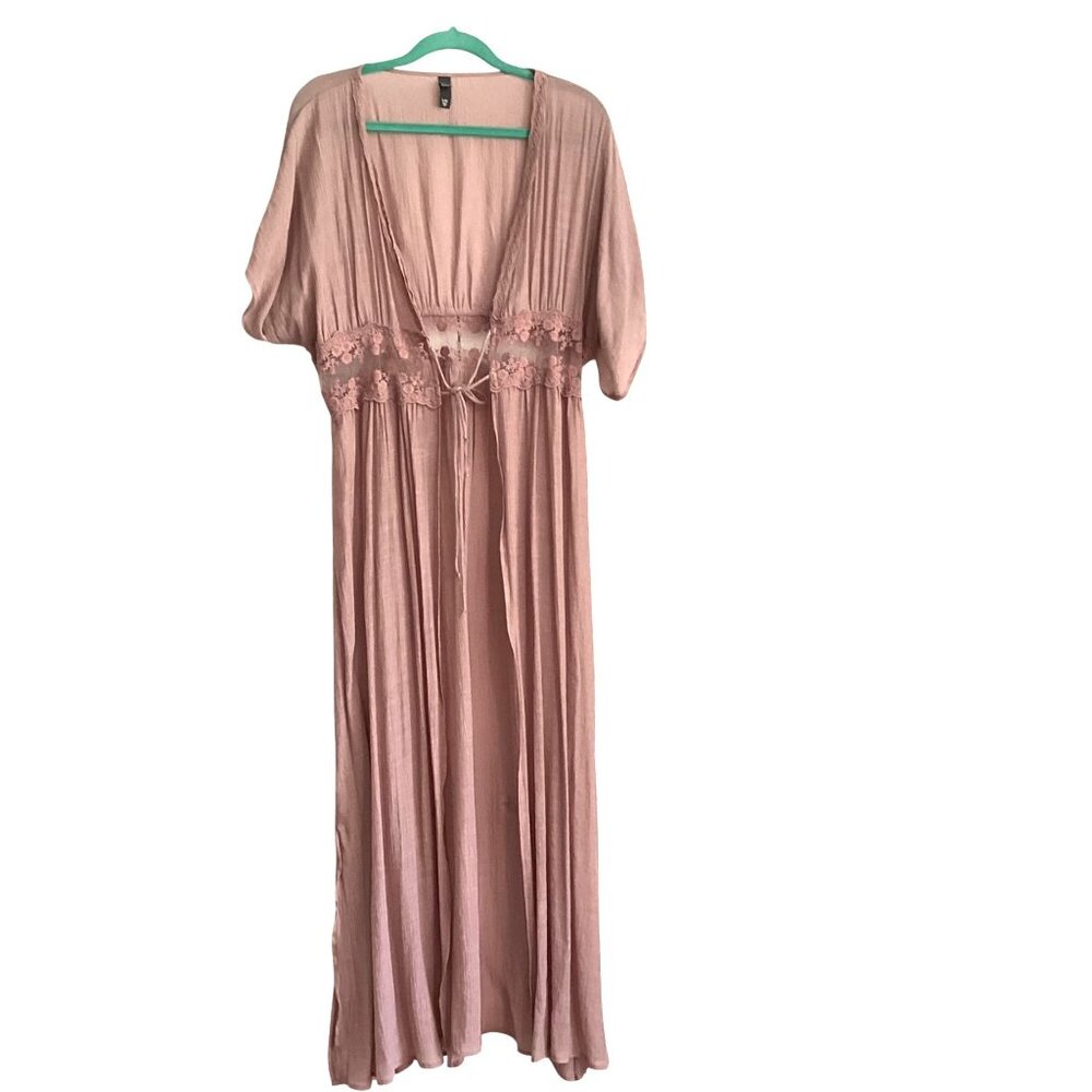 Alya Womens Mauve Maxi Dress Duster With Lace Trim & Drawstring Waist L/XL Beach